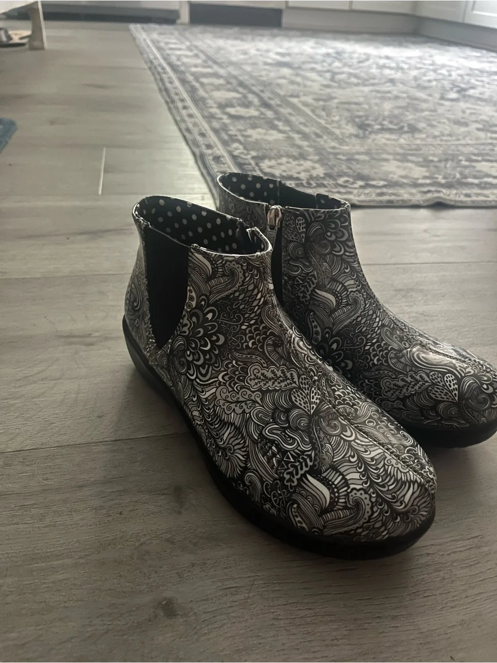 Alegria Black & White Patterned Ankle Rain Boots